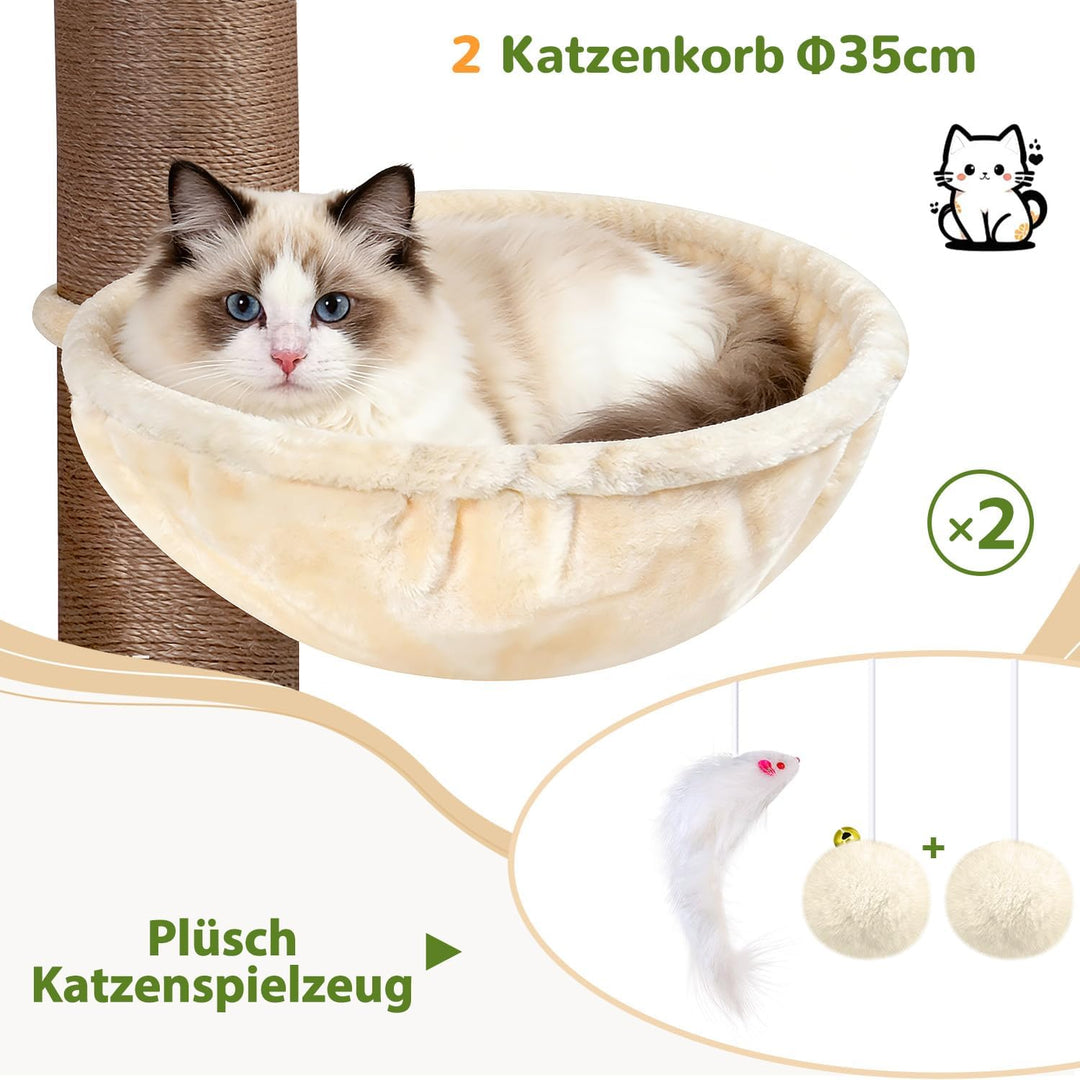 Globlazer Beige Kratzbaum Dicke Stämme 11CM für Grosse Katzen mit 2 Extragross Katzenhaus 50*35*30cm