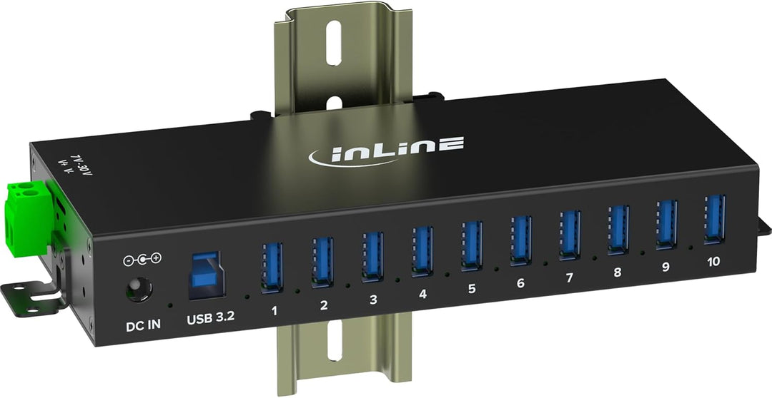Inline USB 3.2 Gen.1 Industrie-Hub mit 10 Ports, Aluminiumgehäuse, DIN-Schienen-Montage, aktiver USB