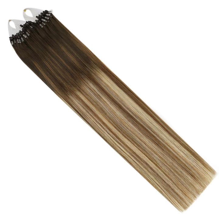 Ugeat 45cm Microring Haarverlängerung Echthaar Balayage Dunkelbraun zu Mittelbraun und Bleichblond 4