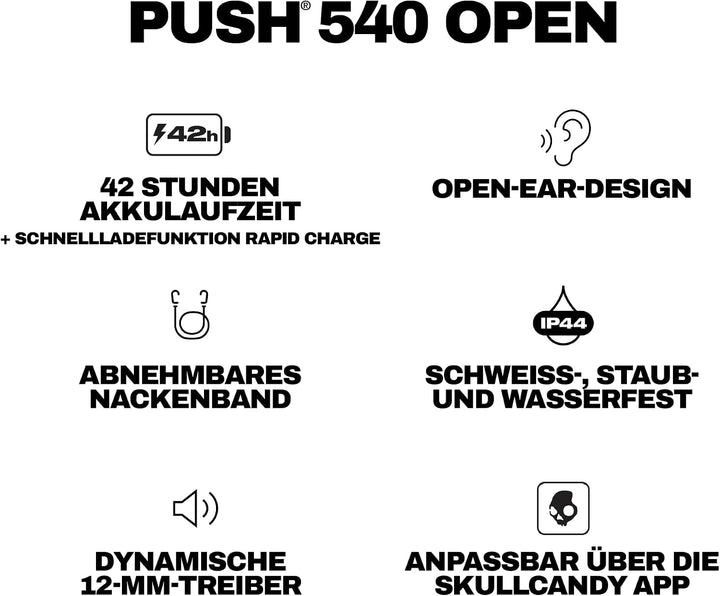 Skullcandy Push 540 Open Drahtlose Bluetooth Open-Ear-Ohrhörer, Kopfhörer, schweiss- und wasserresis