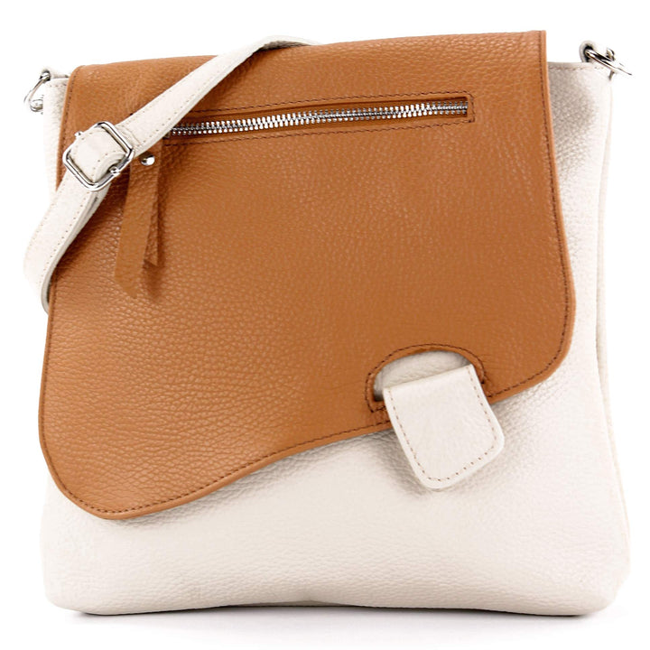 modamoda de - T146 - ital Messengertasche Umhängetasche aus Leder Cremebeige/Camel, Cremebeige/Camel