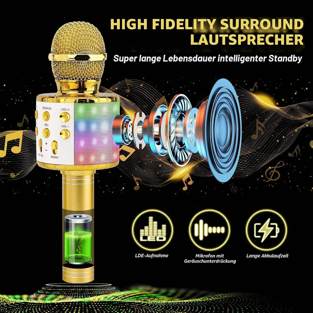ShinePick Drahtloses Bluetooth Karaoke Mikrofon für Kinder - Tragbare LED 4 in 1 Sing Microphone für