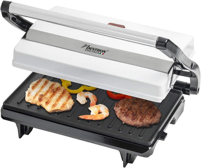 Bestron Kontaktgrill mit Auffangschale, Sandwichmaker mit Cool-Touch-Handgriff, Paninimaker mit Anti