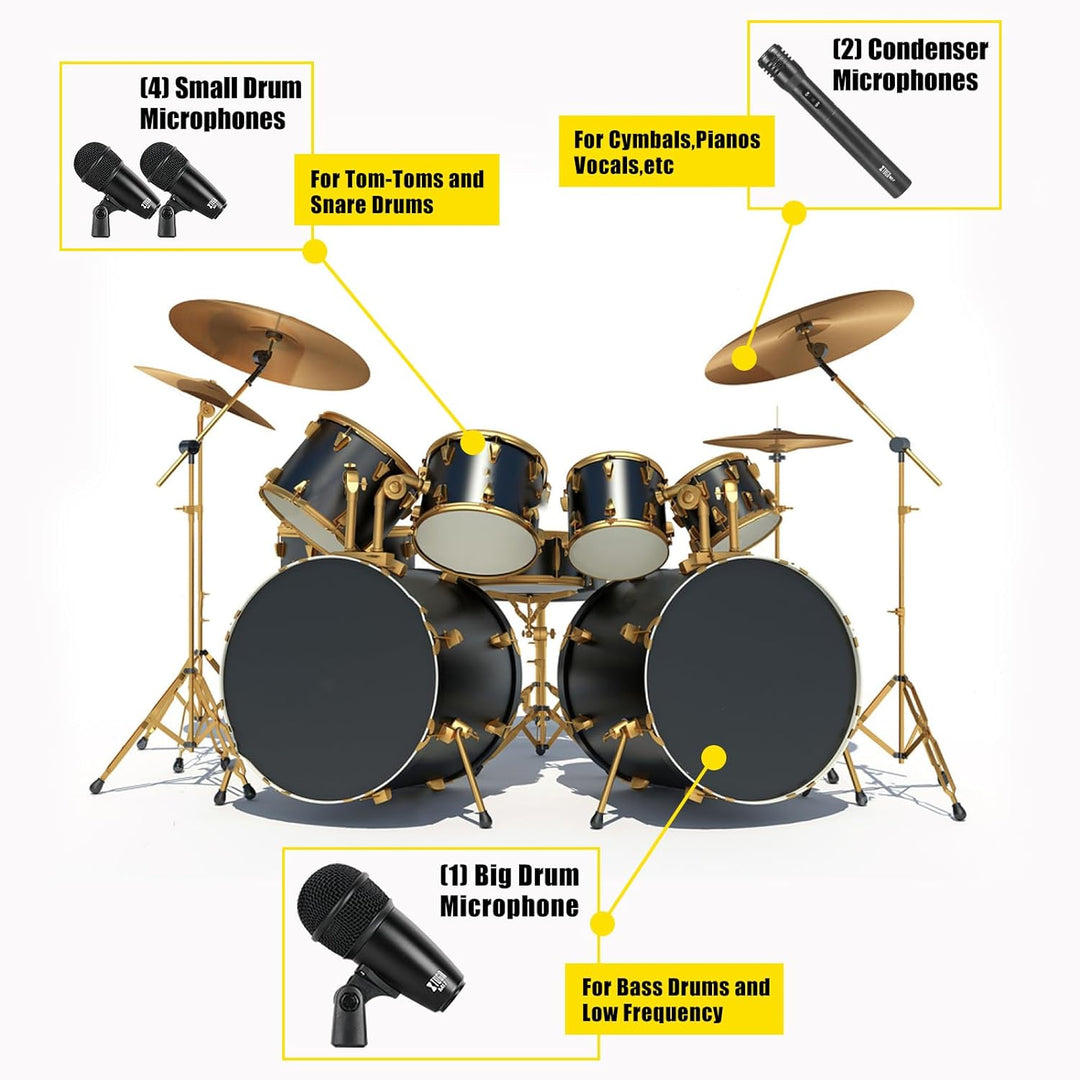 XTUGA MI7 Dynamisches Schlagzeug-Mikrofon-Set (Vollmetall) – Kick-Bass, Tom/Snare &amp; Becken Mikrofon-