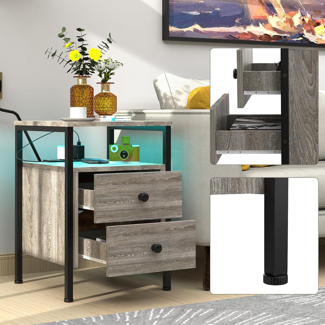 Lvhecforhm Nachttisch mit Steckdose, Beistelltisch mit USB-Anschlüssen, mit LED Licht, Beistelltisch