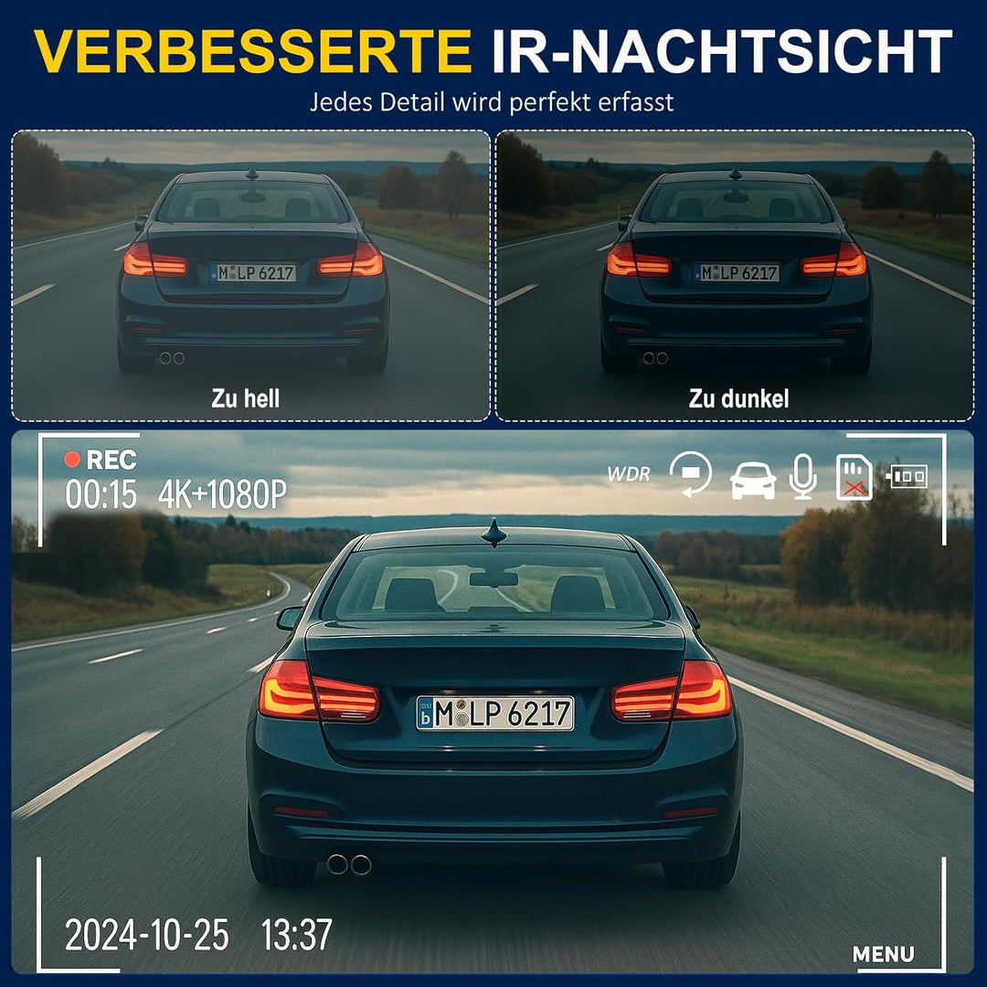3-Kanal Dashcam Auto 4K+1080P+1080P Vorne Innen Hinten, 3,16" IPS Bildschirm, 5G WLAN mit 64GB SD-Ka