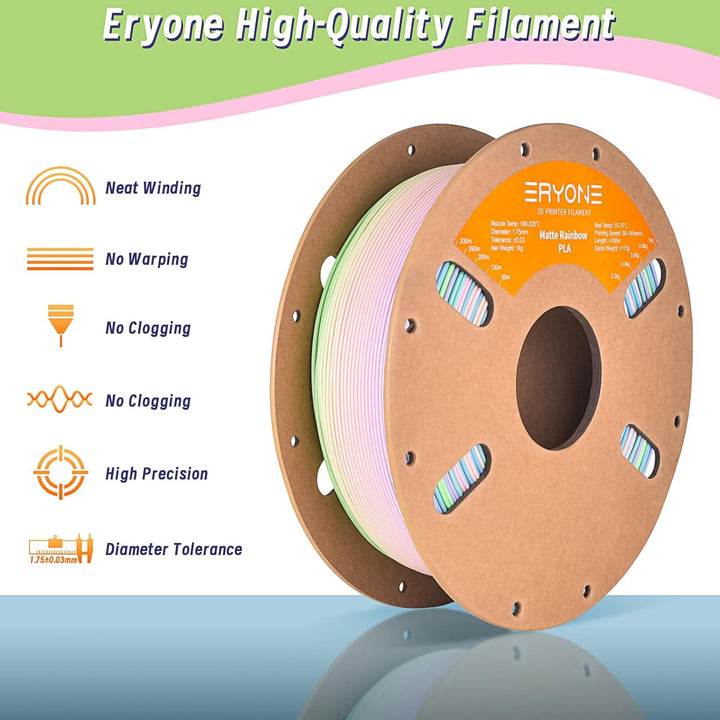 ERYONE Matte PLA 3D Drucker Filament 1.75mm,Multicolor Matte Rainbow PLA Filament, Massgenauigkeit +