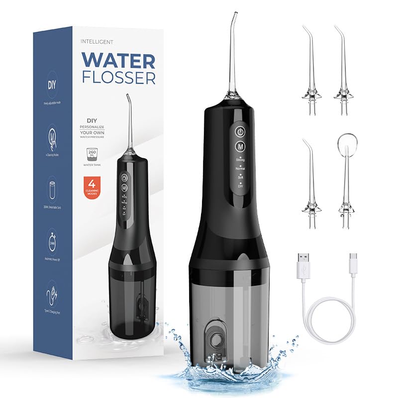 Munddusche Kabellos Elektrischer Zahnreiniger, 4 Modi & 5 Düsen USB-C Wiederaufladbare Wasser Flosse