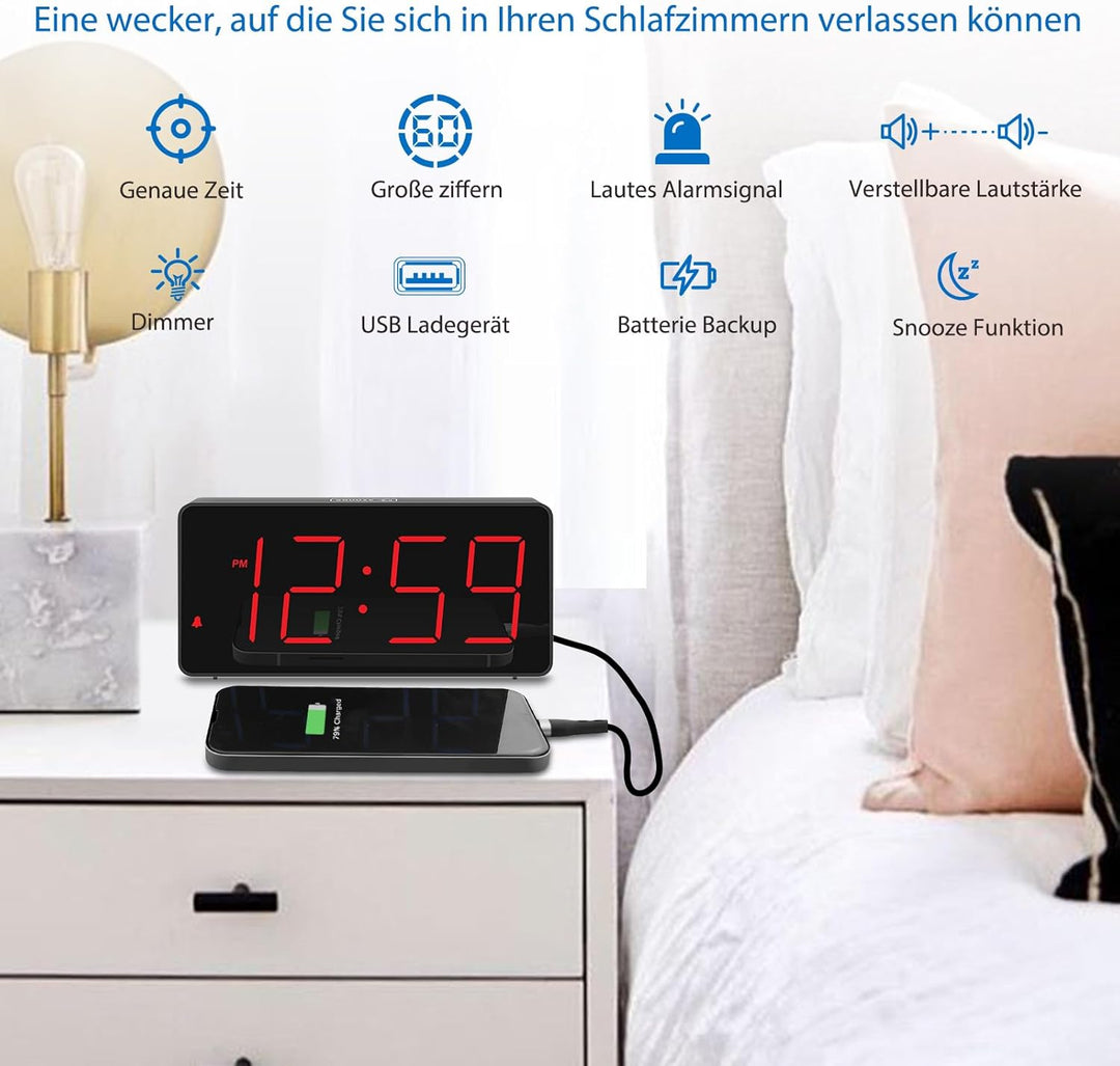 Eachui LED Wecker Digital mit Ladestation, Wecker mit Grossen Zahlen, Helligkeit und Lautstärke Rege