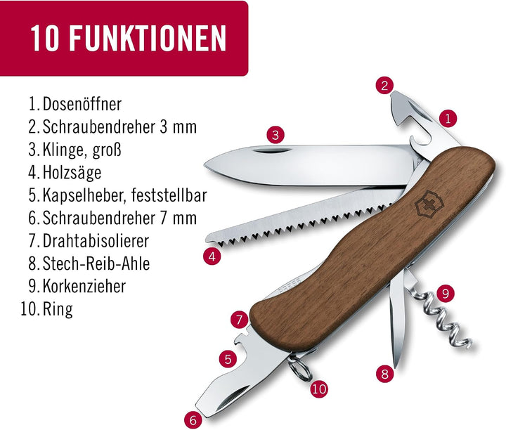 Victorinox Holz Taschenmesser Forester Wood (10 Funktionen, Schalen aus Nussbaumholz, Holzsäge) Sing