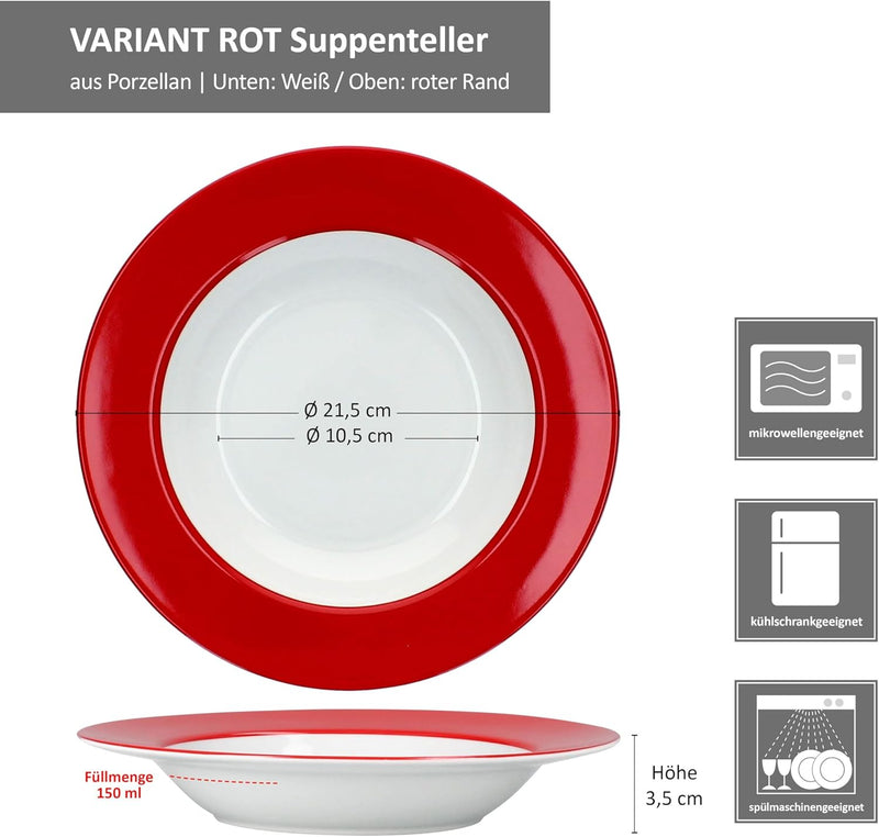 MamboCat 6er Set Variant Rot Suppenteller I farbige Tiefe Porzellan-Teller für 6 Personen I Bunte ru