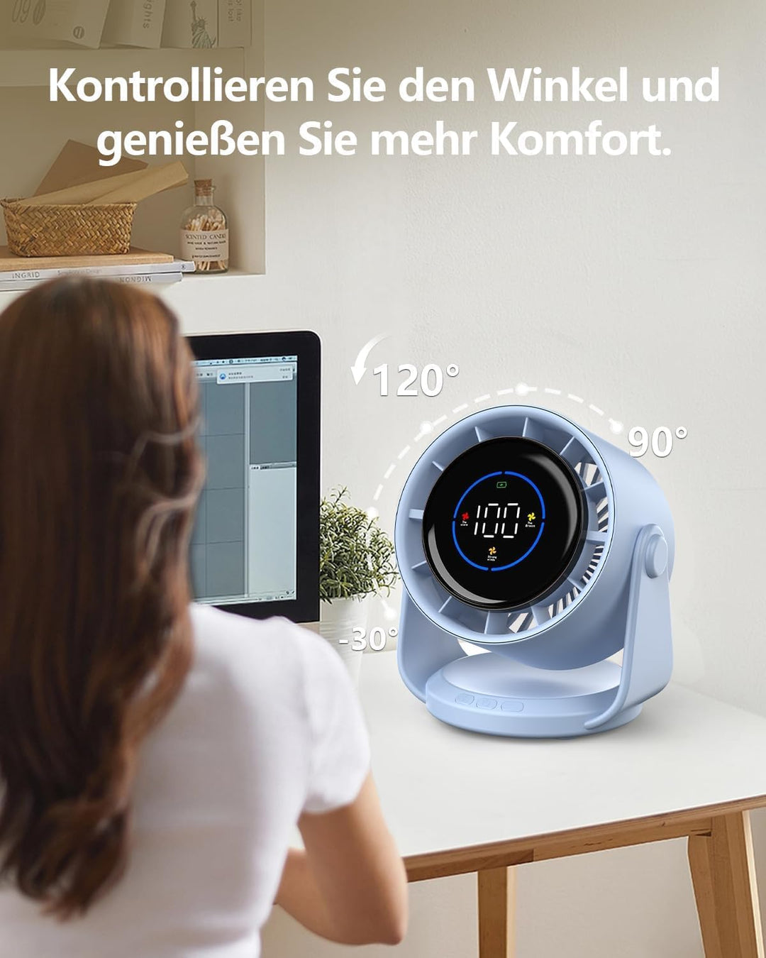 Tischventilator, USB Ventilator mit 100 Geschwindigkeitsstufen 105° Schwenkfunktion LED Display mit