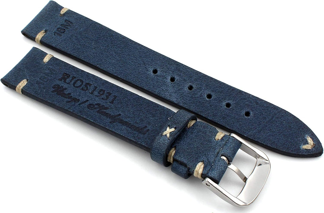 RIOS1931 18mm Sagittarius Vintage Rindsleder Uhrenarmband handgemacht in Deutschland blau