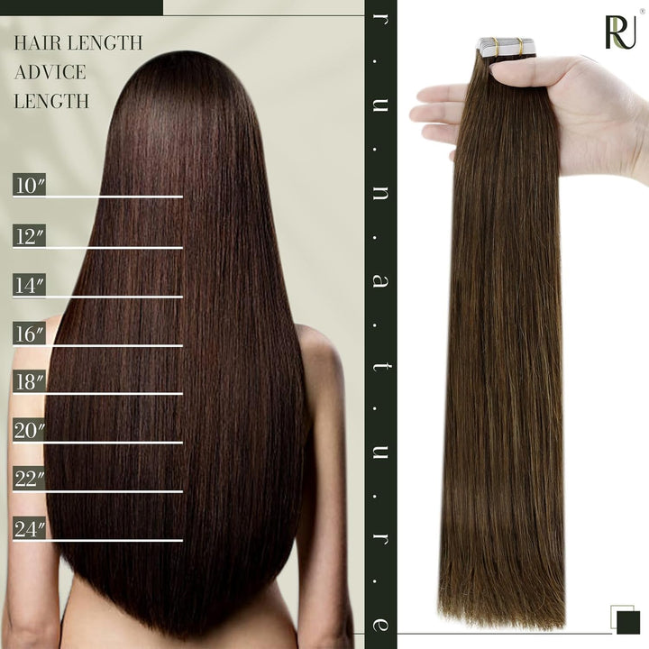 RUNATURE Tape in Extensions Echthaar Braun Kurz 30cm Haarverlängerung Tape Echthaar Braun 20 Stück 4