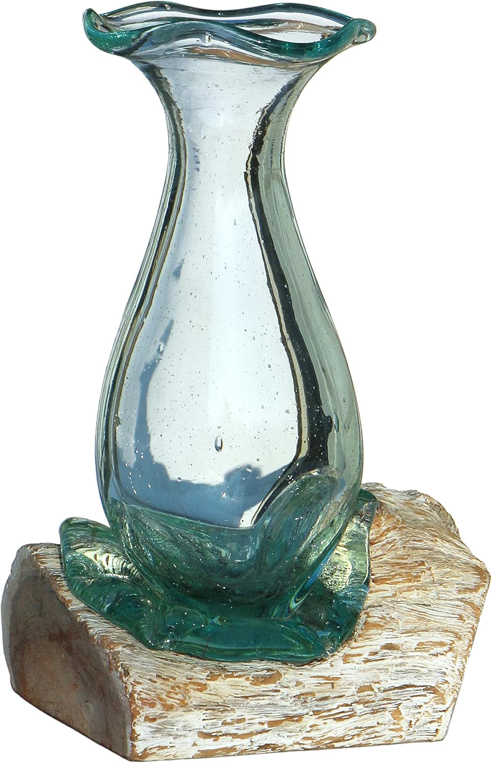 Wogeka - White Line Collection - 25 cm weisse Glas-Vase Athena auf Wurzel-Holz als Maritime Mediterr