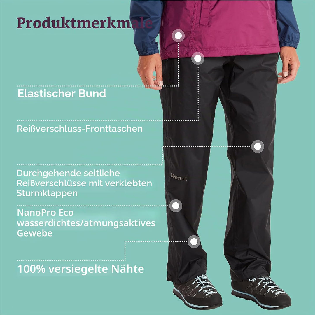 Marmot Damen PreCip Eco Full Zip Pant, wasserdichte Regenhose, Winddichte Wanderhose, atmungsaktive