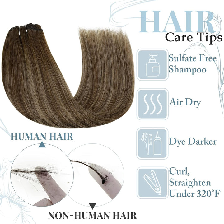 RUNATURE Clip in Extensions Echthaar Balayage Braun 30cm Gerade Echthaar Extensions Clip Braun Ombre