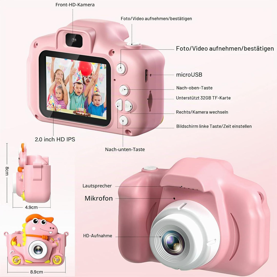 Kinderkamera Dinosaurier, Kinder Kamera 2" Display 1080P, Selfie Digitalkamera Kinder mit 32GB, Foto