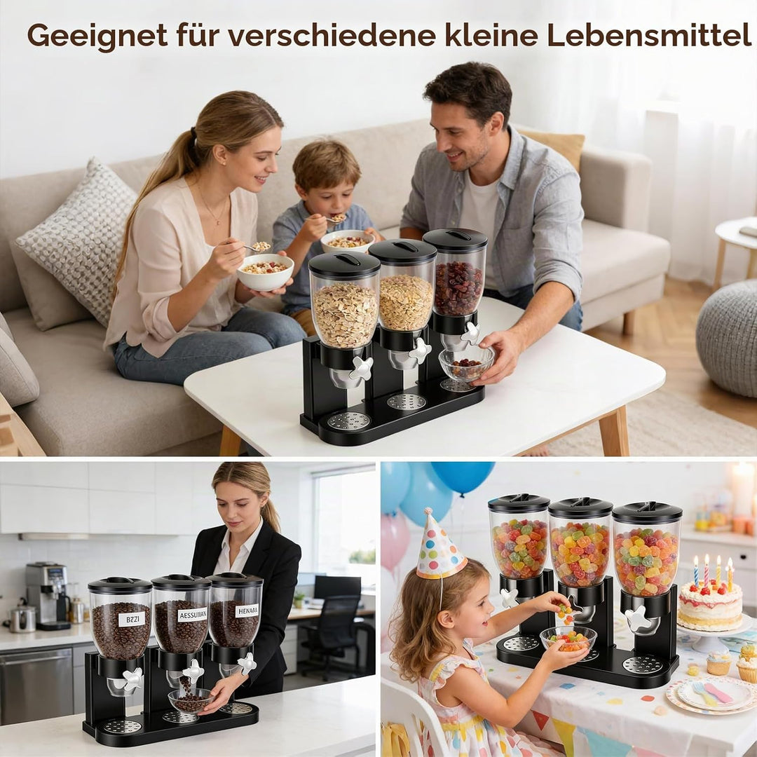 Müslispender, 3er Set Cereal Dispenser Getreidespender 2L Insgesamt 6L Dreifacher Müsli Verteiler Co