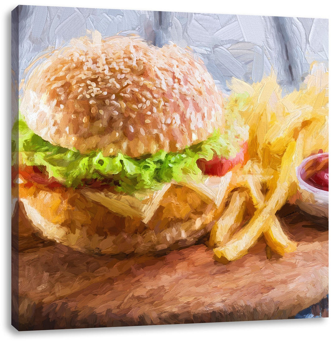 Pixxprint Chickenburger mit Pommes Pinsel Effekt, Format: 70x70 auf Leinwand, 70x70