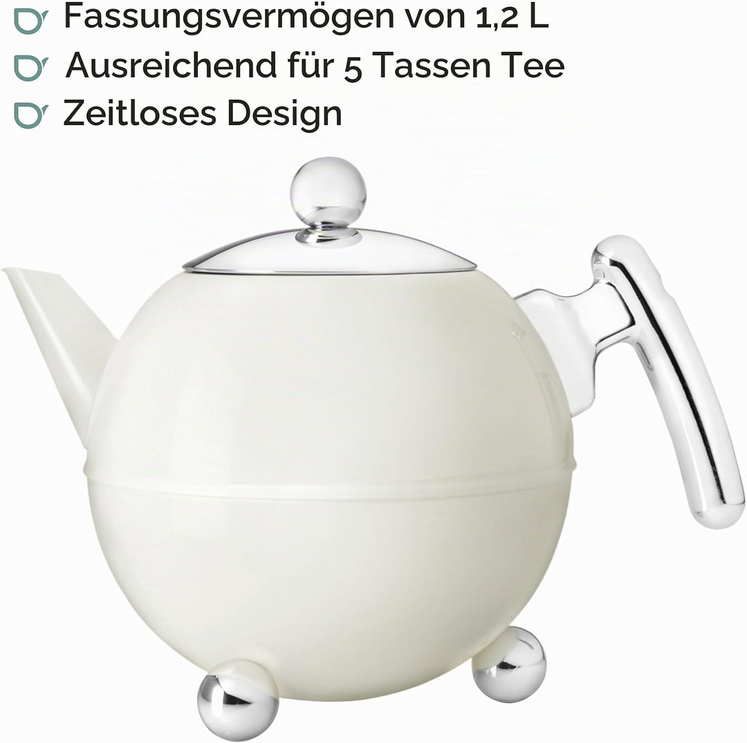 Creme-Weisse bauchige doppelwandig isolierte Edelstahl Teekanne 1.2 Liter