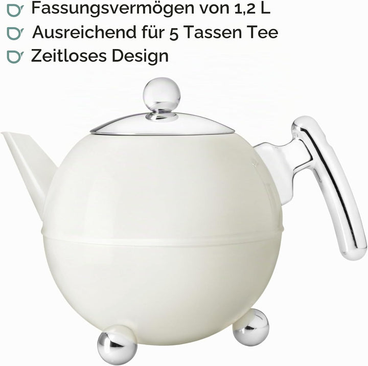 Creme-Weisse bauchige doppelwandig isolierte Edelstahl Teekanne 1.2 Liter