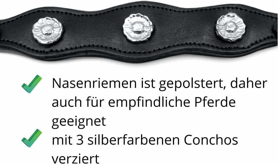 AMKA Barock Hackamore Glücksrad Edelstahl weich gepolstert mit Blumenmotiv Conchos am Nasenband, wei