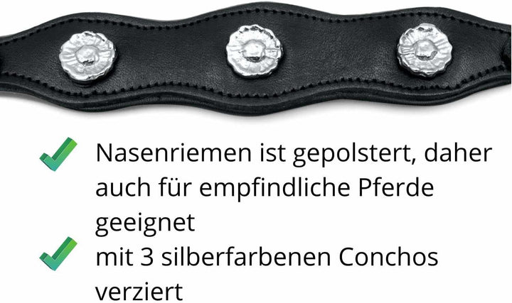 AMKA Barock Hackamore Glücksrad Edelstahl weich gepolstert mit Blumenmotiv Conchos am Nasenband, wei