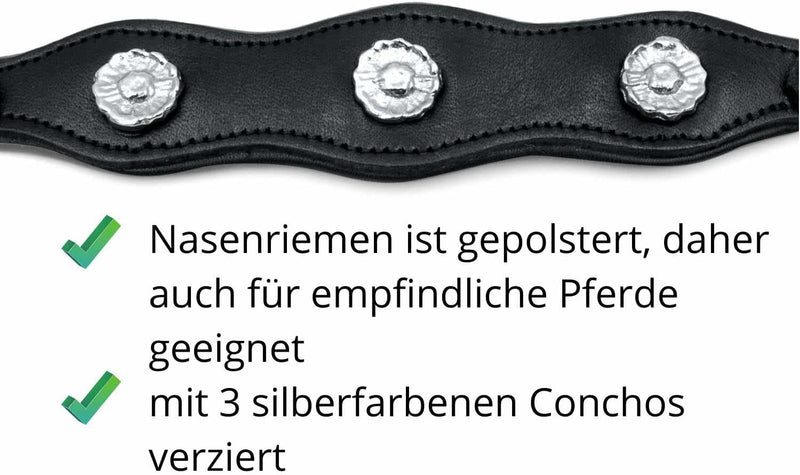 AMKA Barock Hackamore Glücksrad Edelstahl weich gepolstert mit Blumenmotiv Conchos am Nasenband, wei