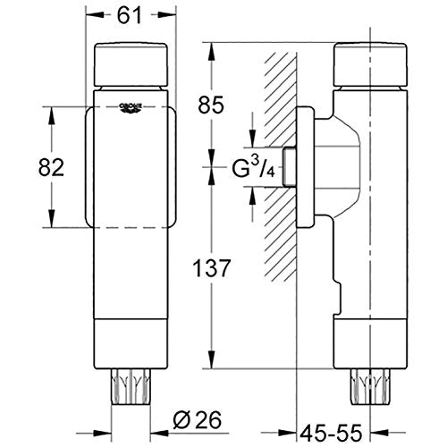 GROHE Rondo A.S. - Druckspüler für WC (für Flach- und Tiefspül-WC, mit Spülstromregulierung, langleb