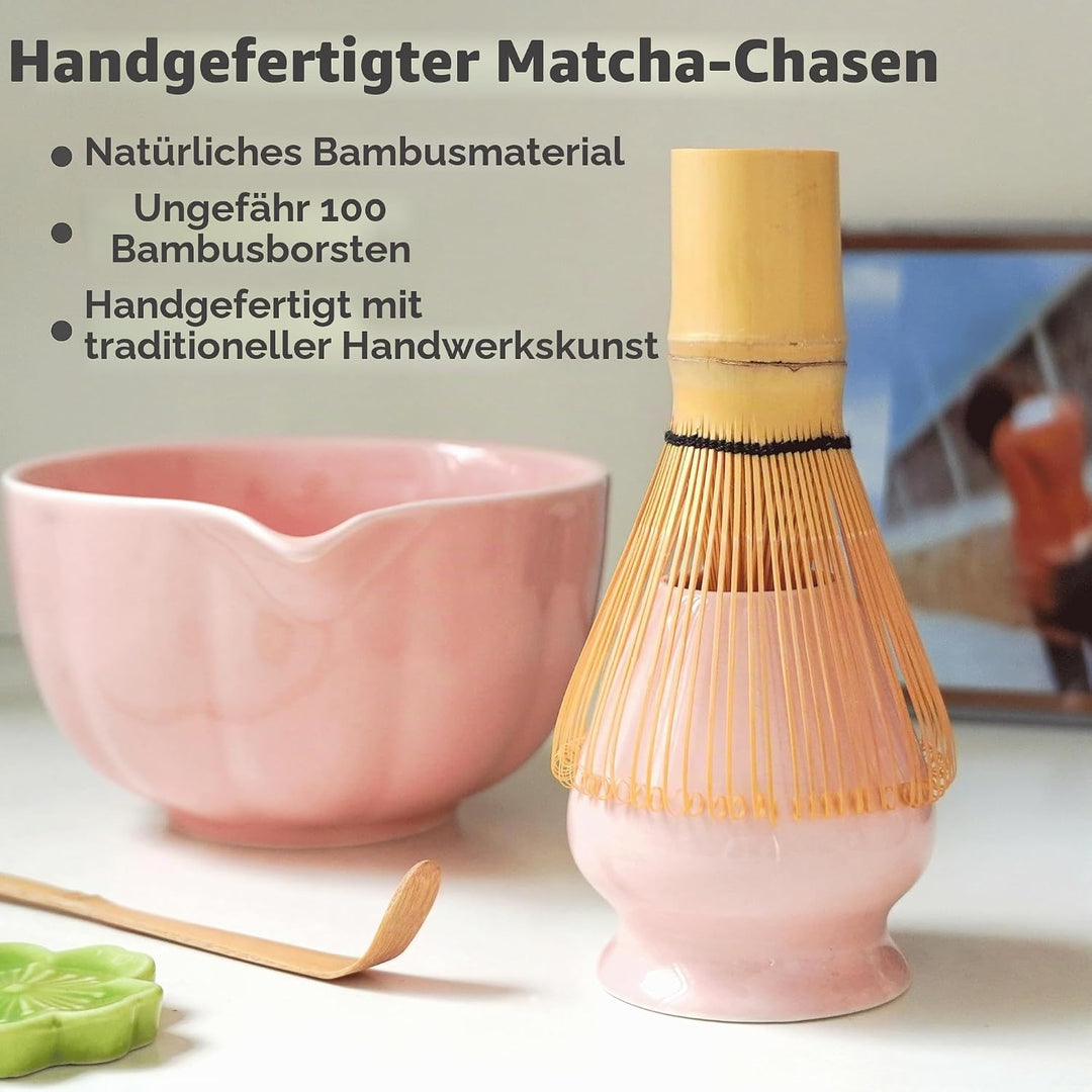 Premium Matcha Set 7-teilig – Exklusives Teezeremonie-Set mit Bambus-Chasen (Besen),Rosa Keramik-Sch