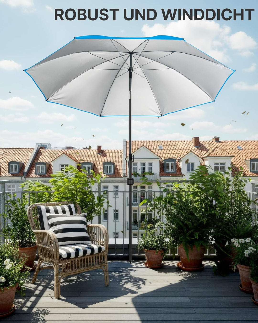4smile Strandschirm SunnyJoy, Ø 180 cm Blau - UPF 50+ Sonnenschirm Strand, Sonnenschirm Balkon - Str