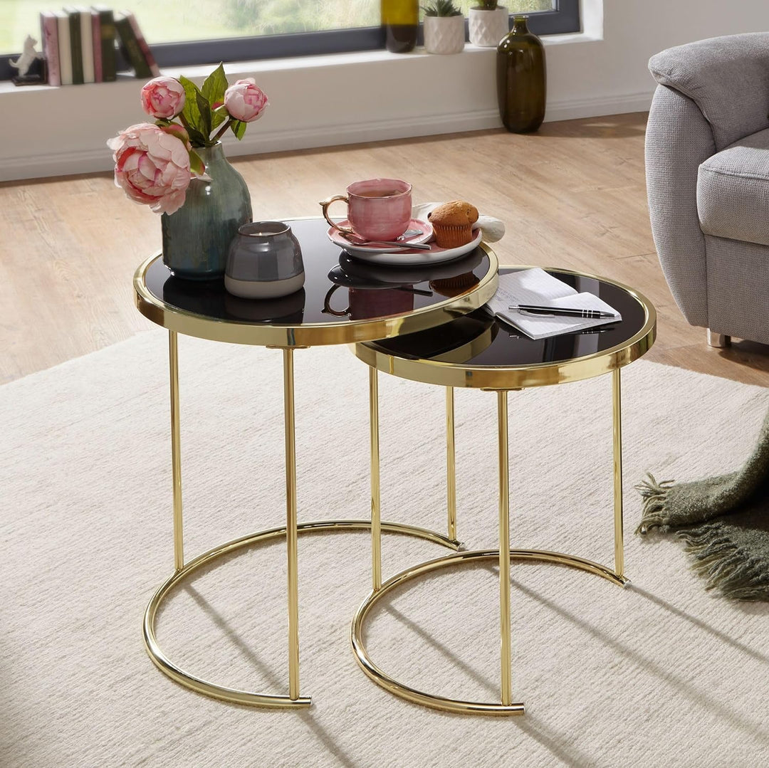 FineBuy Design Satztisch Como schwarz/Gold Beistelltisch Metall/Glas | Couchtisch Set aus 2 Tischen