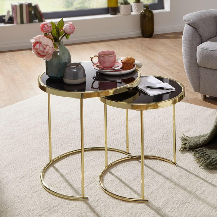 FineBuy Design Satztisch Como schwarz/Gold Beistelltisch Metall/Glas | Couchtisch Set aus 2 Tischen