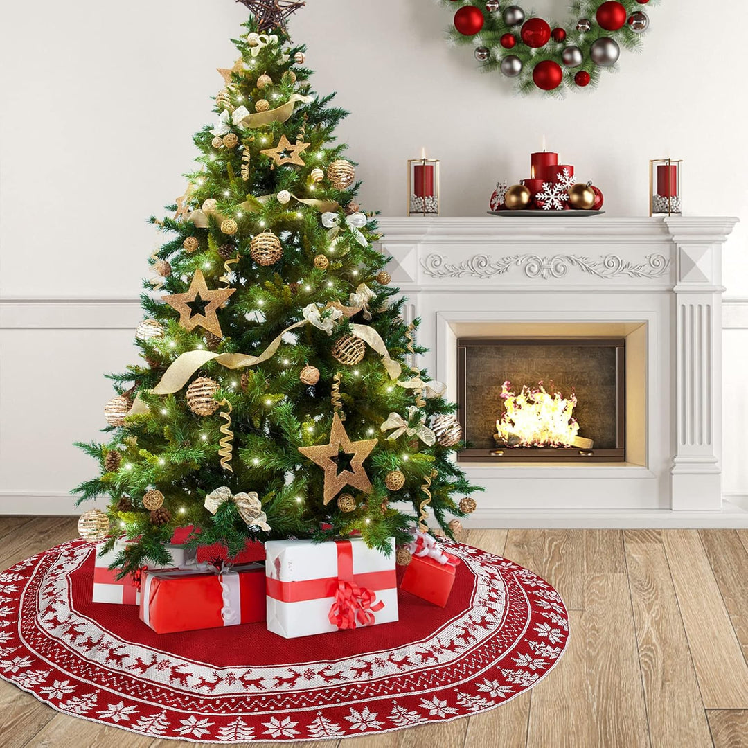 Weldomcor Weihnachtsbaum Rock 90cm Gestrickte Weihnachtsbaumdecke Pad Runde Elch Schneeflocken Gross