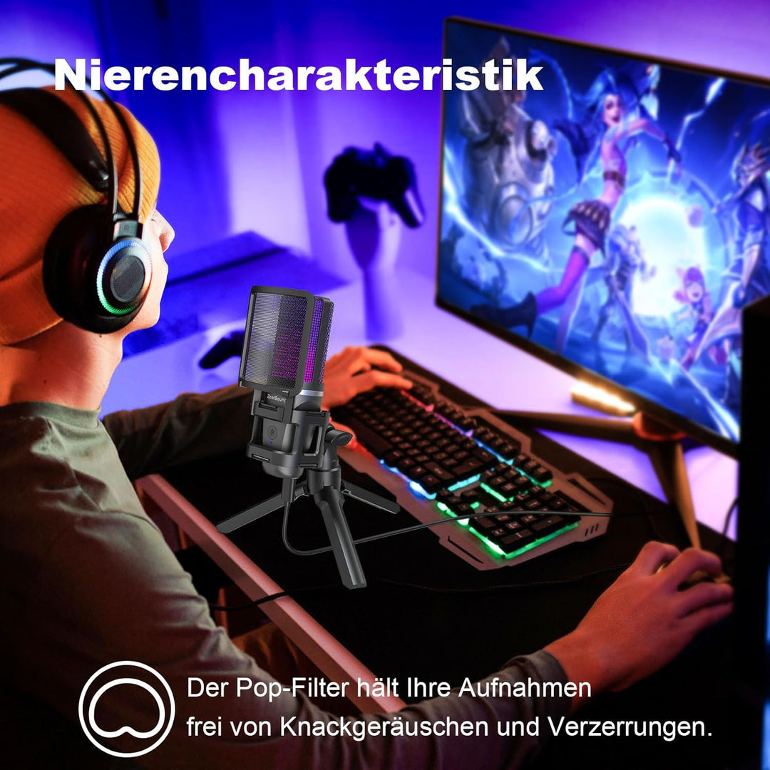zealsound Gaming USB Mikrofon PC, für Streaming Podcast Studio, für PS4 PS5 Mac Handy, mit Typ-C Ada