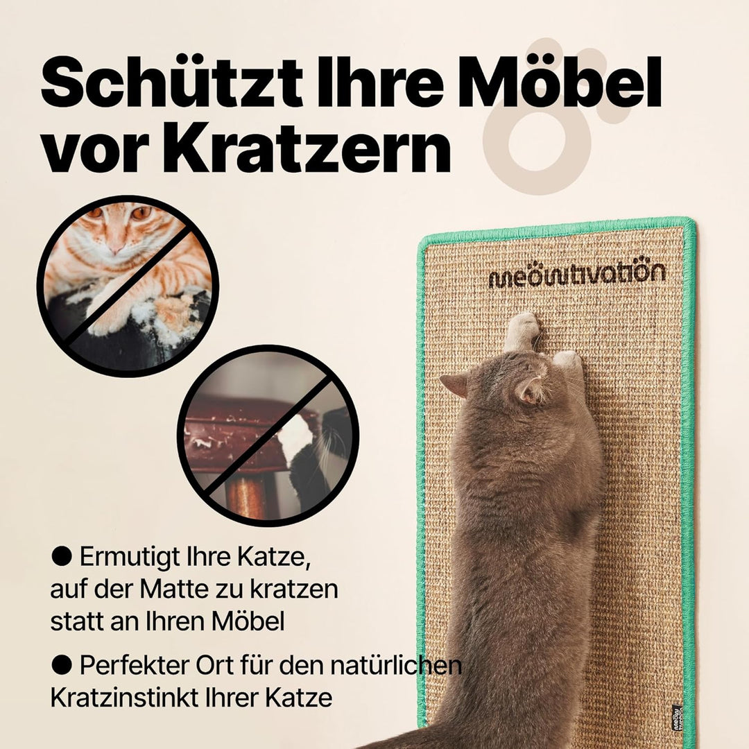 Kratzmatte für Katzen – Hochwertiger Kratzteppich aus Sisal mit Meowtivation-Pfoten, natürliche Krat
