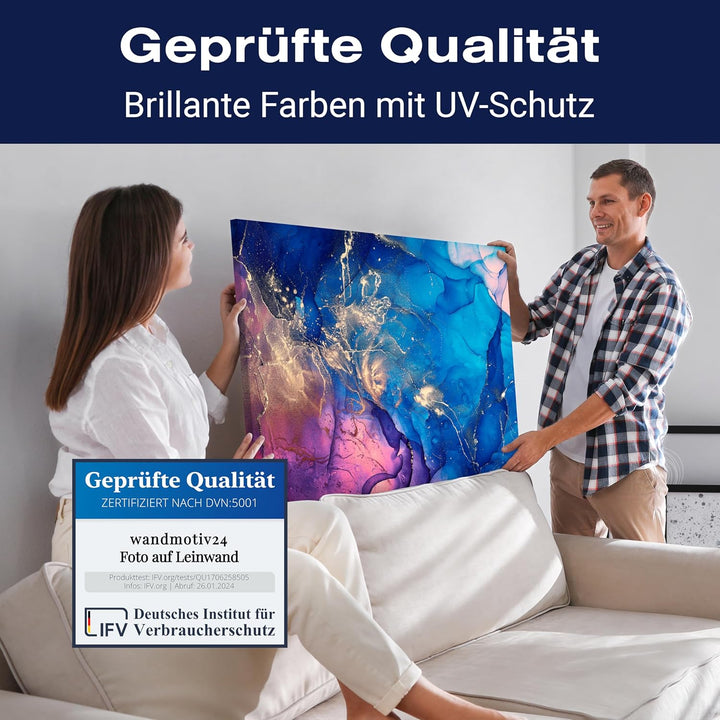 wandmotiv24 Leinwand-Bilder Natur-Stein, Grösse 120x90cm, Querformat, bunter Marmor mit Gold, Dekost
