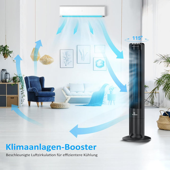 Airvention Turmventilator mit Fernbedienung, 109cm, leise, 100° oszillierender Säulenventilator, Sta
