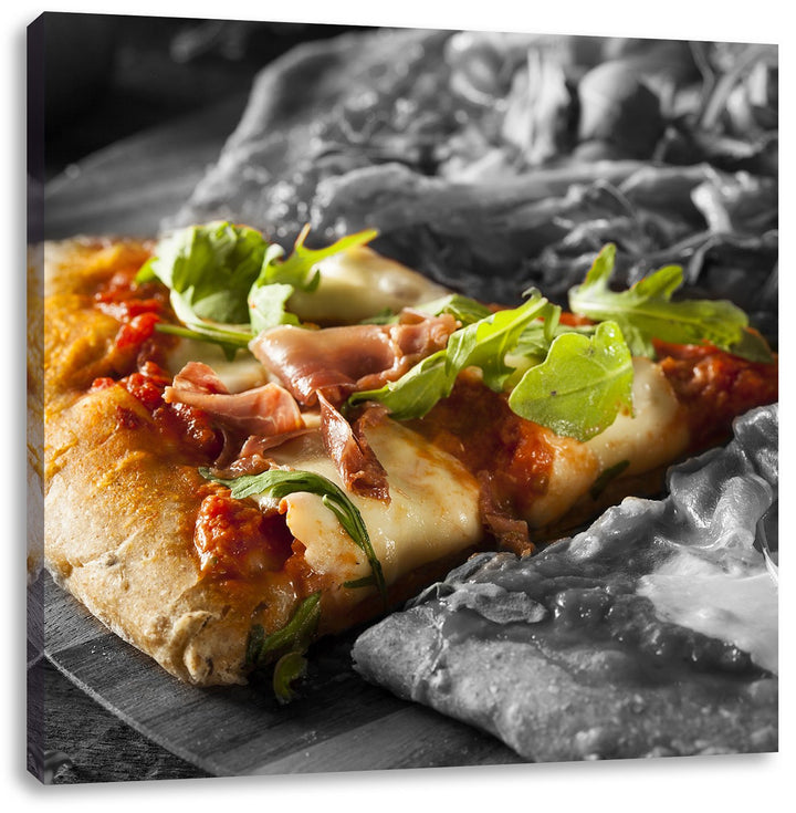 leckere Pizza mit Bacon und Rucola schwarz/weiss, Format: 70x70 auf Leinwand, 70x70