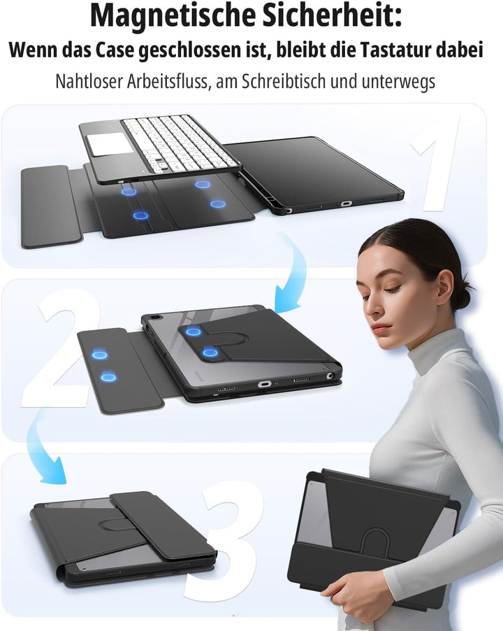 CACOE Drehbare Tastatur Hülle für Samsung Galaxy Tab A11 Plus/A9 Plus 2025/2023 (11 Zoll) mit Touchp