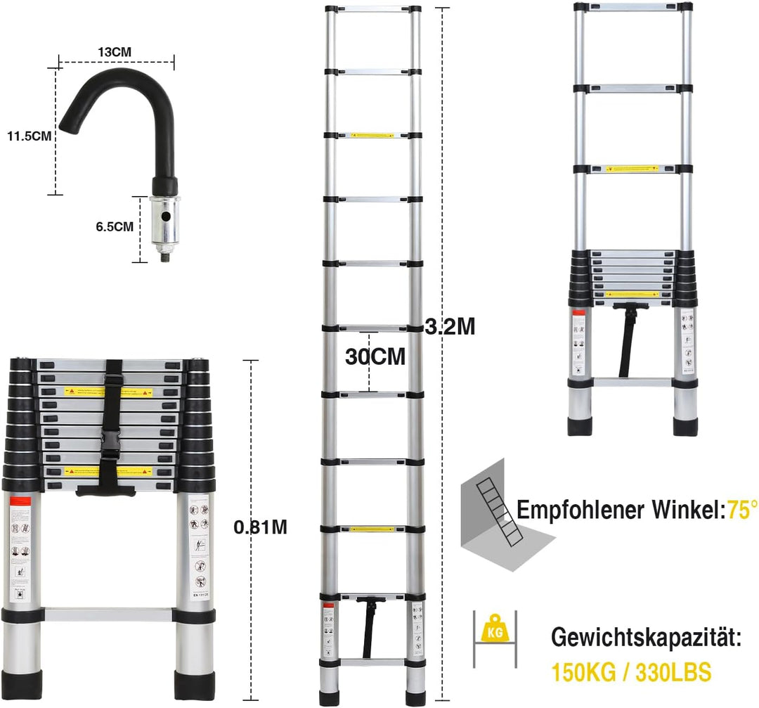 Eulenke 3,2M Teleskopleiter, Rutschfester Aluminium Multifunktionsleiter, Stehleiter mit 2 mit Abneh