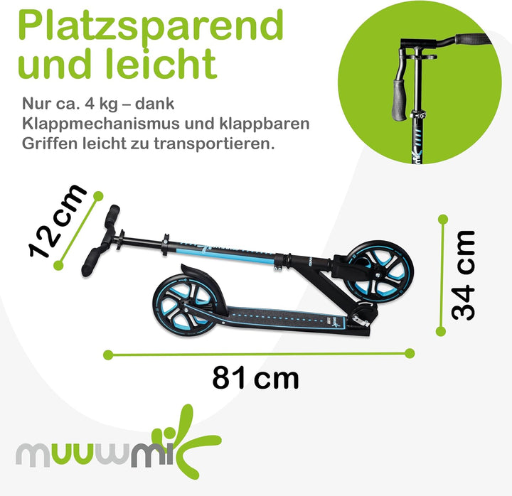 muuwmi Aluminium Scooter Pro – Tretroller, 215 mm, ABEC 7, für Kinder und Erwachsene, GS-geprüft, hö
