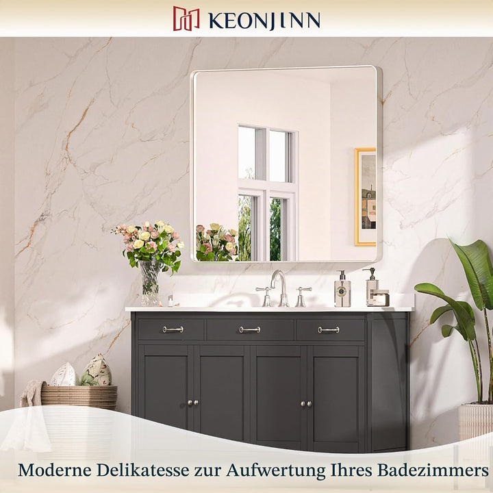 Keonjinn Wand Spiegel Nickel 90x90cm, Badezimmerspiegel Badspiegel mit Metallrahmen, Gehärtetes Glas