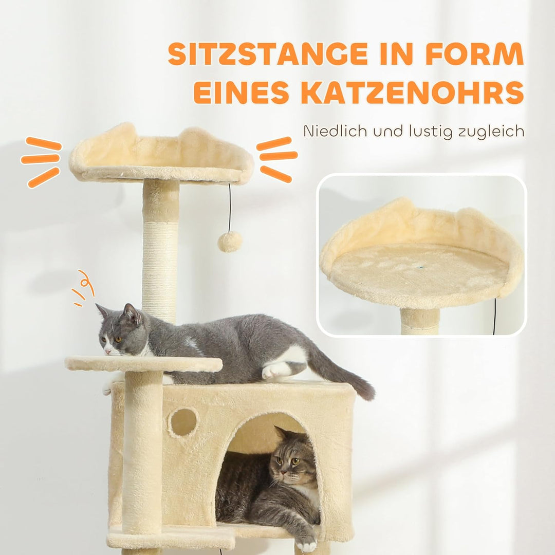 PawHut Kratzbaum, 160 cm hoch Katzenbaum mit 2 Höhlen, Korb, Hängematte, 2 Bällen, Katzenbett mit Ka