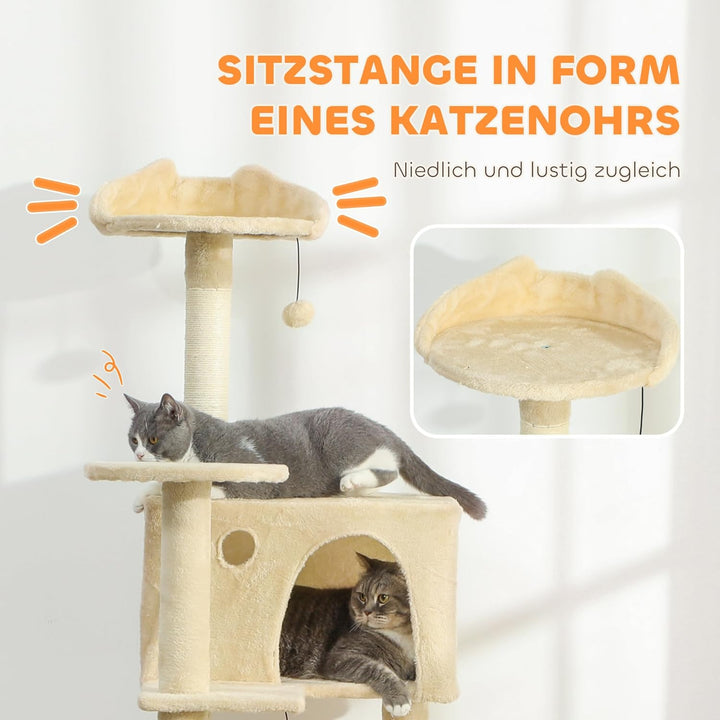 PawHut Kratzbaum, 160 cm hoch Katzenbaum mit 2 Höhlen, Korb, Hängematte, 2 Bällen, Katzenbett mit Ka