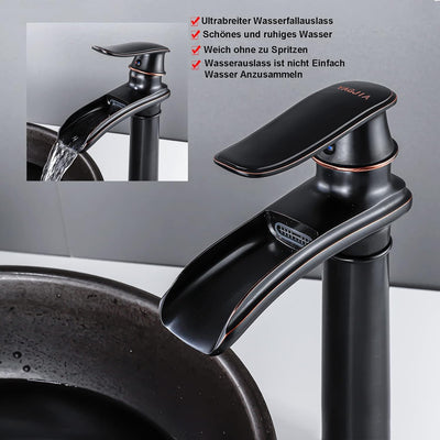 YAGJIA Wasserhahn Bad Schwarz Wasserfall, Waschtischarmatur Hoch Retro, Waschbecken Armaturen Messin