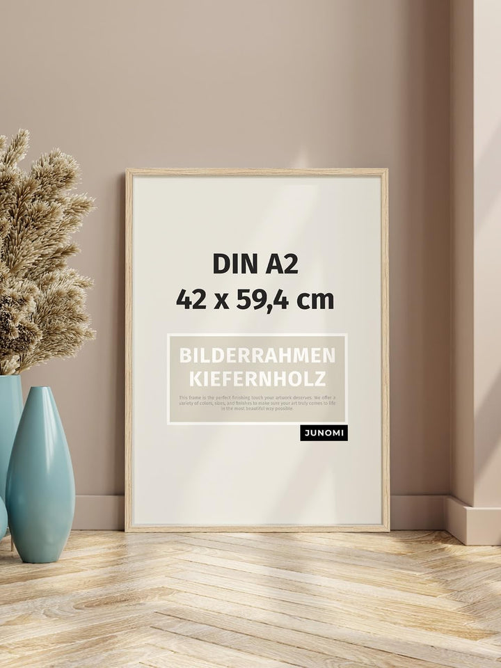 JUNOMI® Bilderrahmen DIN A2 Holz | Farbe Eiche | Bilderrahmen 42 x 59,4 cm Eiche mit bruchsicherem A