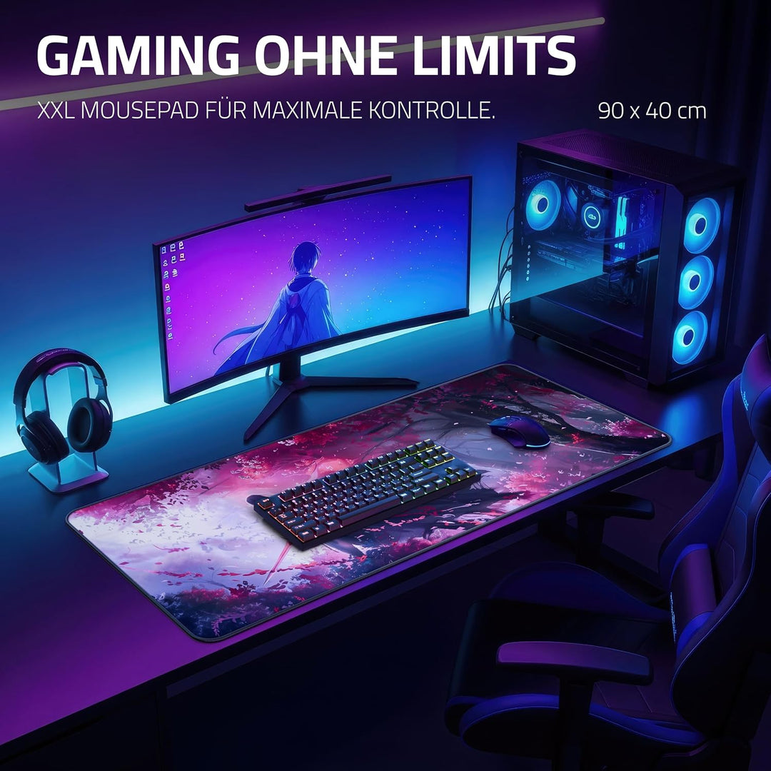 XXL Gaming Mauspad 900x400 - Vernähte Kanten & wasserabweisend - Anime Mousepad für Gamer & Büro - g