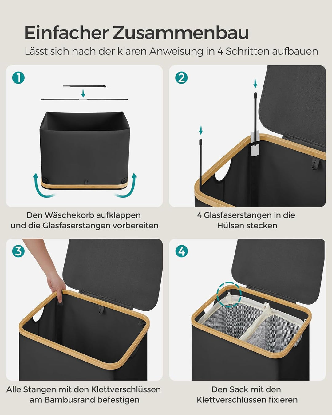 SONGMICS Wäschekorb mit Deckel, Wäschesammler mit 2 Fächern, 130 L, herausnehmbarer Wäschesack, Oxfo